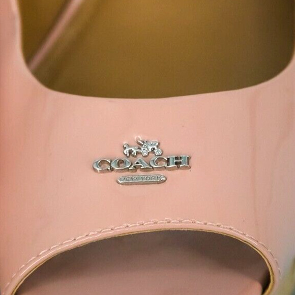 Coach Size 9.5 Ferry Pink Patent Leather Peep Toe Slingback Cork Platform Sandal - Picture 3 of 11